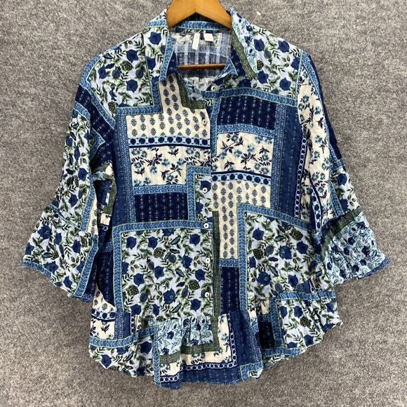 Cato Shirt Women L Large Blue Floral Button Up Collared 3/4 Sleeve Rayon Casual - Picture 4 of 9